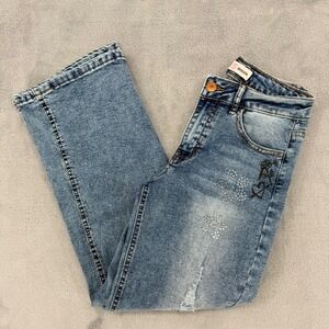 Deni Diva Kids Girls Size 12 Wide Leg Jeans Rhinestone Distressed Blue Denim